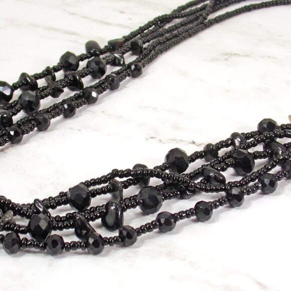Black glass and shell bead multi strand necklace created with five bead strands - Picture 2 of 9
